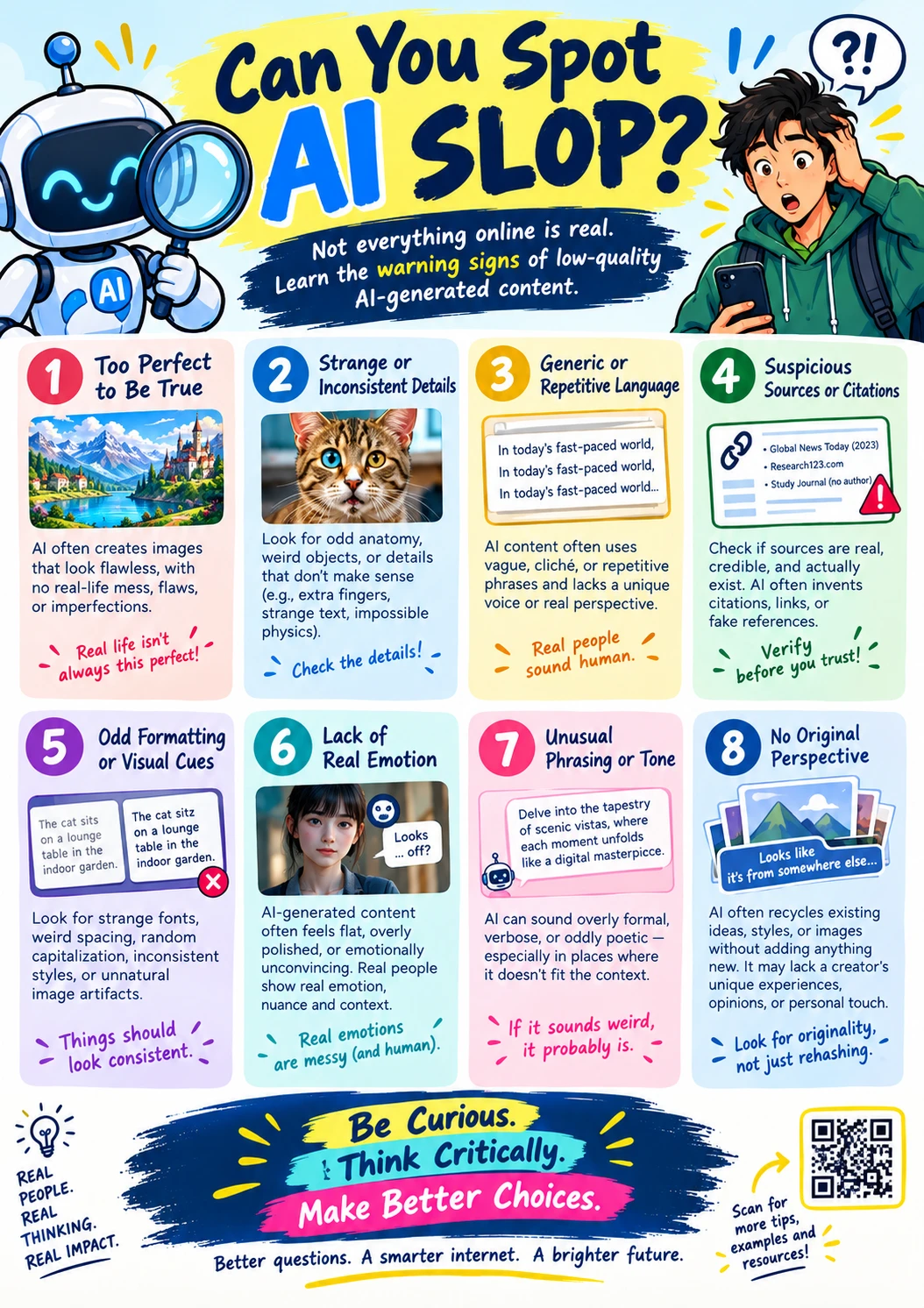 An AI-generated infographic titled Can You Spot AI Slop?, with a robot mascot, a surprised student, eight numbered warning signs and a QR code. Shown as an example of AI slop.